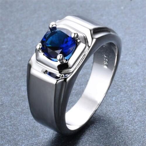 Men Fashion Four Prong Round Zircon Ring Blue/White CZ Stone Engagement Promise Rings For Male Luxury Wedding Jewelry Mens Ring
