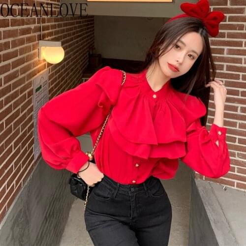 OCEANLOVE Women Blouses Spring/Autumn Vintage Solid Red/White Long Sleeve Stand Collar Flounces Ruffles Korean Fashion Crop Top