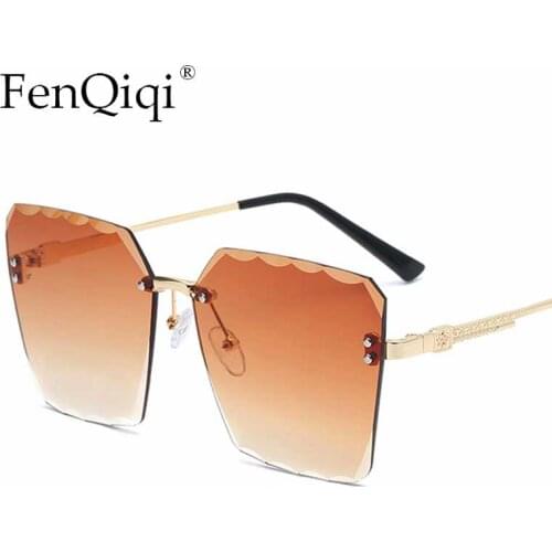 Oversize Frameless Sunglasses Square Rimless Women Eye Glasses Metal Frame Female Travel Shades Ocean Lens Mirror Glasses Oculos