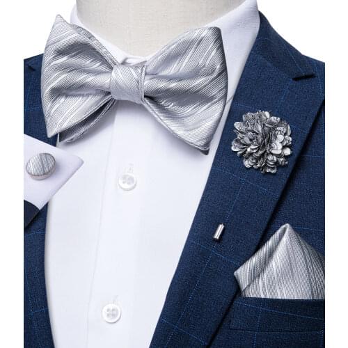 Gray Striped Mens Bow Ties 100% Silk Jacquard Self Tie Bow Tie Pocket Square Cufflinks Set Wedding Gravata Gift For Men DiBanGu