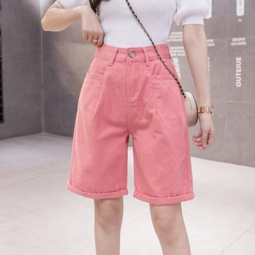 New Summer Women High Waist Shorts Wide Leg Pink Denim Shorts Casual Female Loose Straight Button Jeans Bermuda White Shorts