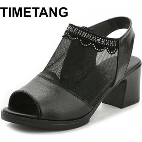 TIMETANGNewest Light Comfortable WomenShoes Summer Sandals Fish Mouth Rhinestone GenuineLeather Sandals Non-slip Fashion Sandals