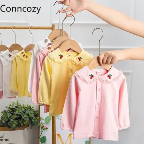 Spring Girl Long Sleeve Top Embroider Floral Peter Pan Collar Cute Shirt Pure Cotton Blouse White Yellow Kids Clothes Girls 2-7Y