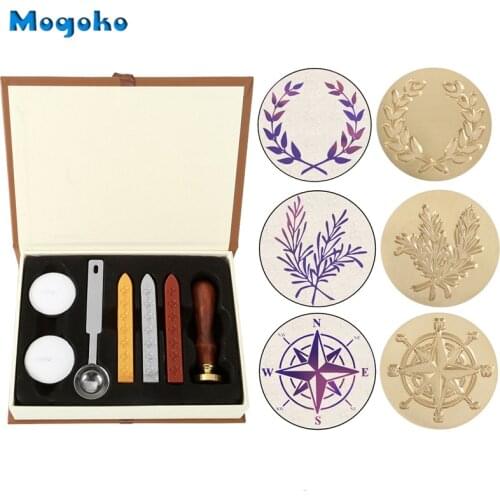 Mogoko Vintage Sealing Wax Stamps With Seal Wax Sticks without Wicks Spoon Candles Kit Olive Wreath/Rosemary/Vintage Compass
