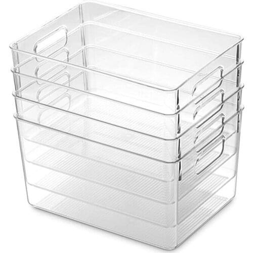 Quality 4Pcs Clear Pantry Organizer Bins Household Plastic Food Storage Basket with Cutout Handles for Kitchen, Countertops