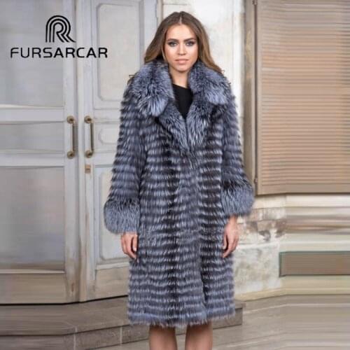 FURSARCAR New Winter Women Real Fur Natural Silver Fox Fur Fashion Warm Female Jacket Peach Collar Real Fox Long Fur
