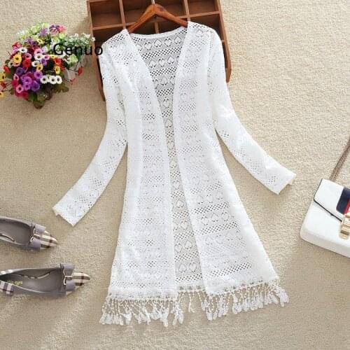 Women Slim Thin Lace Jakcet Chaqueta Mujer New Summer Long Sleeve Hollowing Tassels Medium Long Cardigan Womens Outerwear