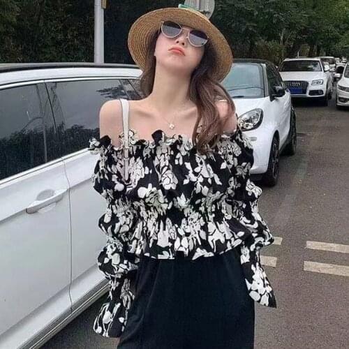 Ladies Vintage Print Floral Chiffon Shirts Spring Women Sexy Ruffles Off Shoulder Short Blouses Flare Sleeves Elastic Waist Tops