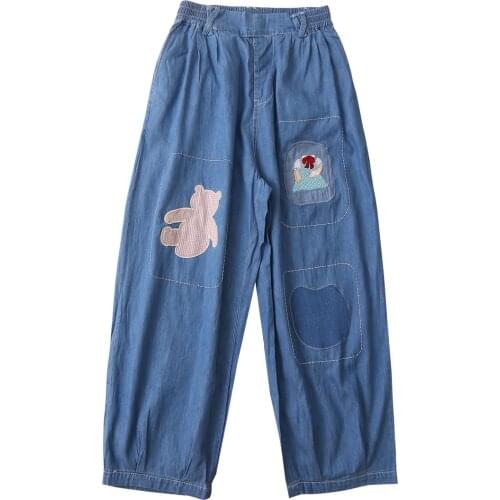 Blue Cartoon Bear Embroidery Casual Denim Jeans Woman 2021 Summer High Waist Washed Korean Ladies Cross Pants Trousers