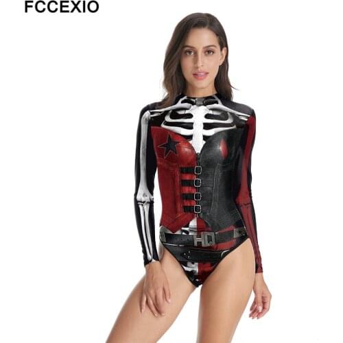 FCCEXIO Gothic Skeletons Printed Women One-Piece Swimsuit Summer Casual Long Sleeve Beachwear Bathing Suit Sexy Tight Swimwear