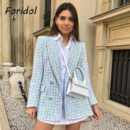 Foridol Plaid Vintage Autumn Winter Blazer Coat Women Checked Office Ladies Blazer Jacket 2021 Streetwear Blue Women Tops