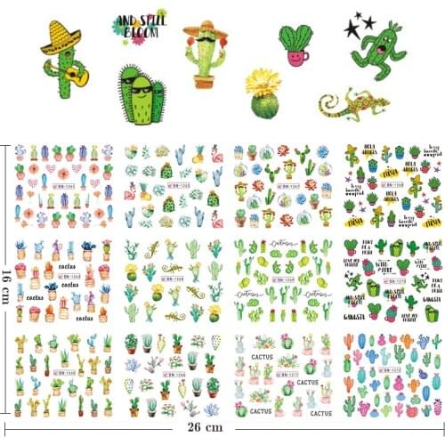 12 cactus water decals nail stickers green plant leaves, filigree, thin slide, tattoo, nail art decoration