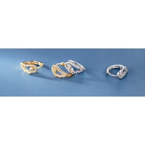 18K Gold 13mm Real. 925 Sterling Silver jewelry Hollow Angel Wings Feather cz set Ear-bone hoop huggie Earrings jewelry C-G9494