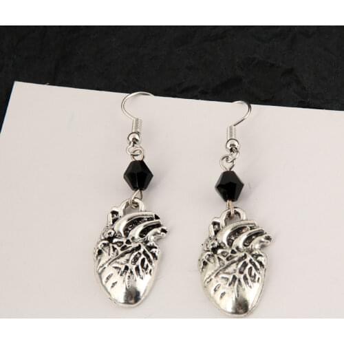 Anatomical Human Heart with Black Crystal Whimsical Artery Earrings Doctor Gift Anatomical Animal Specimen Gothic Jewelry