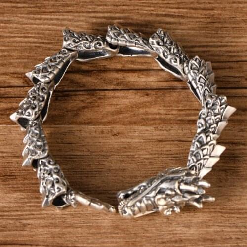 Pure 925 Sterling Silver Dragon Bracelet Men Vintage Punk Rock Biker Mens Domineering Bracelets Thai Silver 925 Luxury Jewelry