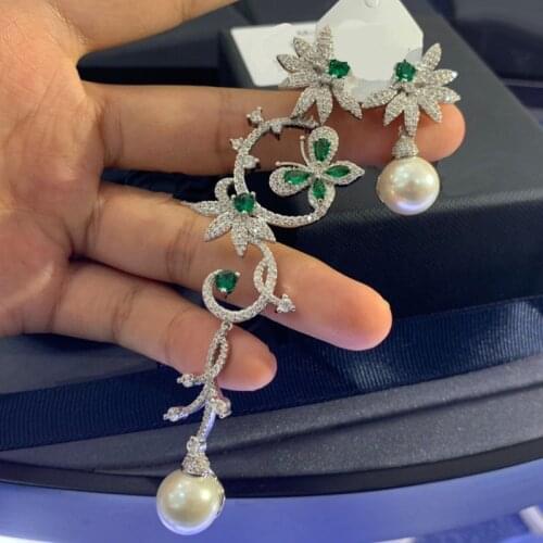 Brand 1:1Luxury Asymmetric Mentha Mint Green Butterfly Floral Earrings with Pearl Women Cubic Zirconia Fashion Jewelry