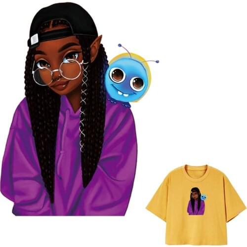 Black Hair Girl Parches A-Level Washable Thermal Press Hoodies Tops Vinyl Diy Stickers Big Glass Girl Patches