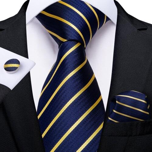 DiBanGu Mens Necktie Navy Blue Yellow Striped Silk Wedding Tie For Men Tie Hanky Cufflink Set Business Party Dropshipping