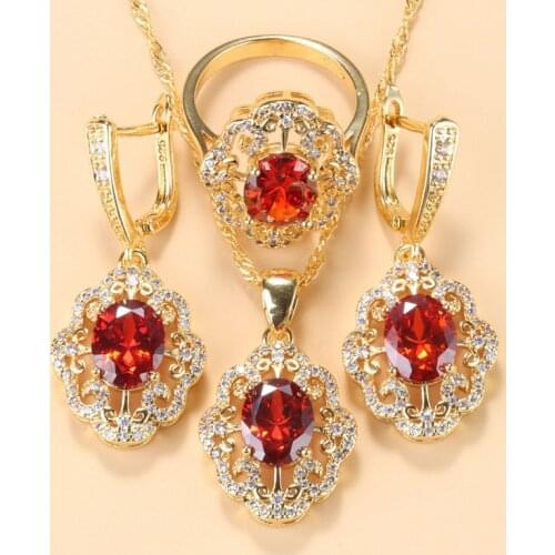 Indian Luxury Necklace Jewelry Set Wedding Accessories Red Garnet Earrings Ring For Women Independent Packing Box