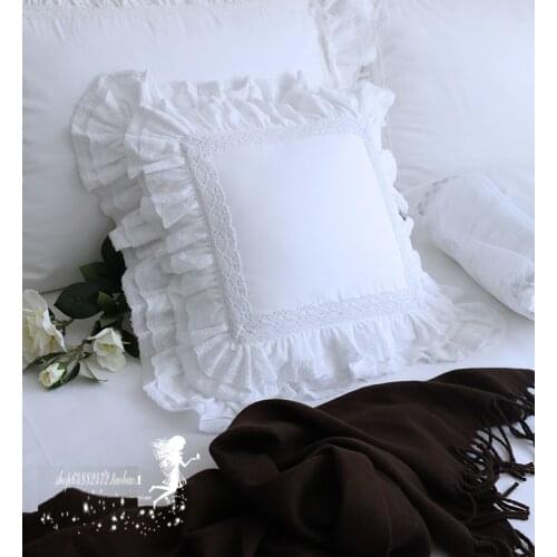 Korean 100% Cotton Pure White Cushion Covers, Ruffles Cake Layers Pillow Cases, Princess Pink Lace Pillow Covers