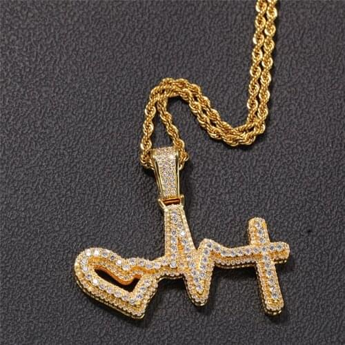 Hot Sale Iced Out ECG Pendant Pave Clear Cubic Zircon Necklace New Hip Hop Jewelry Charm Heartbeat Pendants Men Women Gift