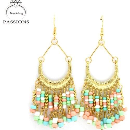 LYNNE Bohemian Ethnic Earrings Maxi Brincos Colorful Long Drop Earrings Retro Gold Plate Bead Tassel Earings For Women Gift