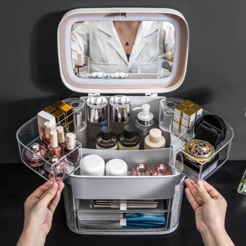 Makeup Organizer With Mirror LED light Large Capacity Jewelry Rack Cosmetic Organizer Skincare Lipstick Cosmetic Storage Box