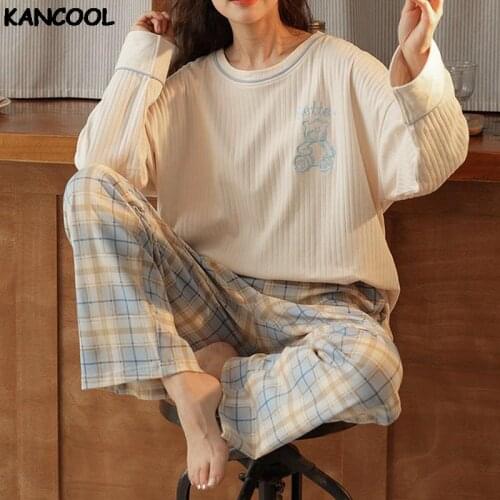 Autumn Winter Ladies Cartoon Pajamas Set Cute Print Sleepwear Long Sleeve Tops And Pants Nightwear Sweet Girl Korea Home Cloths