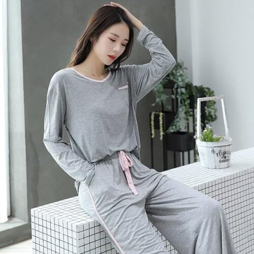 Womens Autumn Modal Pajamas Long Sleeve Pants Pijamas V-neck Loose Sleepwear Solid Casual Home Wear Soft Comfortable Lounge Wear