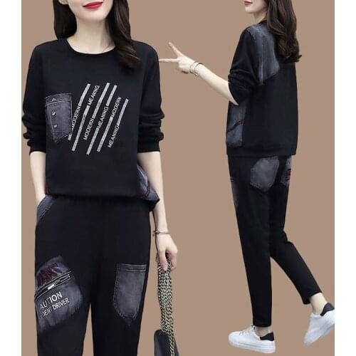 Korean Casual Denim Sets Women 2021 Spring Autumn Plus size Loose Sportswear Two Piece Sets Suits Female Pant Suits Tracksuit