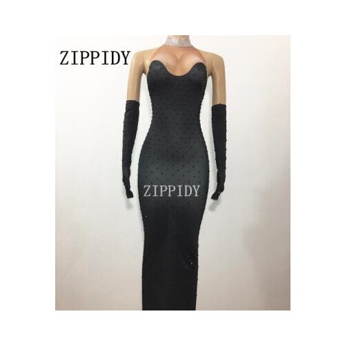 Sexy Black Rhinestones Long Dress Gloves Costume Singer Stage Show Evening Party Celebrate Dresses Womens Dance Wear