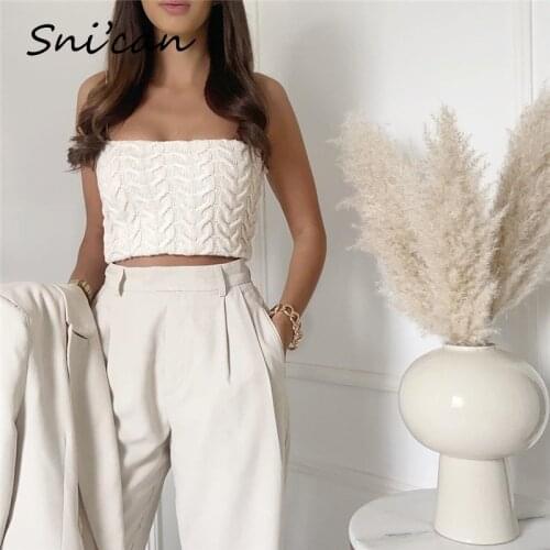 Snican Women Casual Camis Wrap Solid Cropped Sweater Vest Za 2021 Women Fashion Pullover Ladies Spaghetti Cropped Tops Jumper
