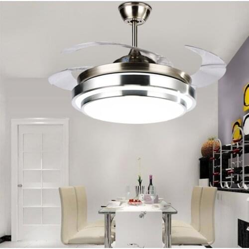 Retractable Ceiling Fans Y4205 Dimmable Three Light Super Quiet Nickel LED Ceiling Fan with ABS Blades