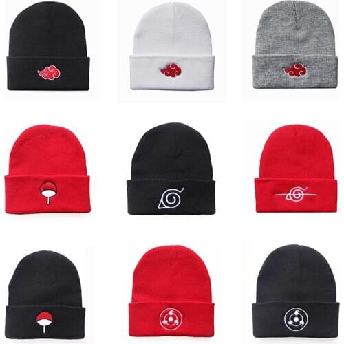Japanese Anime Akatsuki Embroidered Beanie Hat Hiphop Man Ninja Red Cloud Logo Knitted Hat Women Skullies Autumn Winter Wool Cap