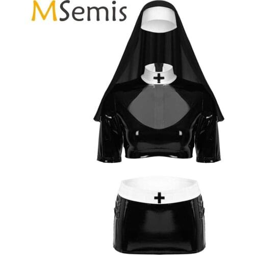 MSemis Women Sexy Nun Costume Halloween Role Play Witch Taoist Uniform See Through Crop Top Patent Leather Mini Bodycon Skirts