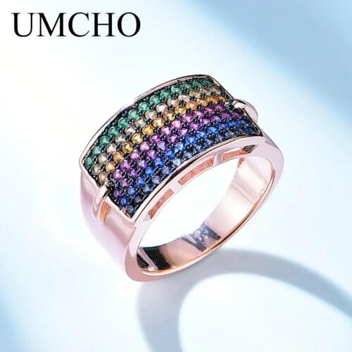 UMCHO Solid 925 Sterling Silver Rings Colorful Rainbow Gemstone Rings For Women Wedding Bands Fine Jewelry