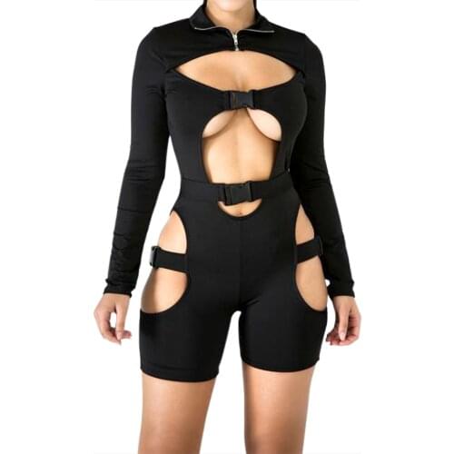 Women Bodycon Buckle Cut Out Biker Romper Sexy Long Sleeves Hollowing Out Clubwear Bodysuit Short Jumpsuit Pants