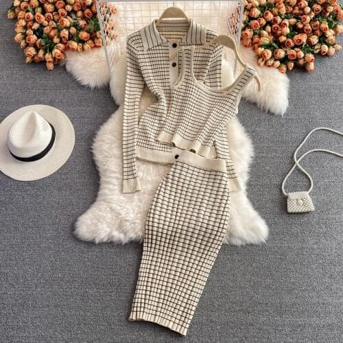 Temperament Sweater 3 Piece Set Women Striped Lapel Knitted Cardigans Coat +Vest +High waist Bodycon Mid Skirt Outfits Female