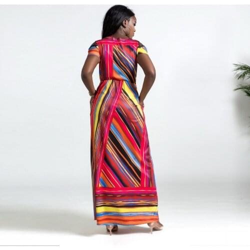 Tilapia fashion women new maxi long striped dress big swing elastic waist colorful vestidos ankra style elegant summer dress
