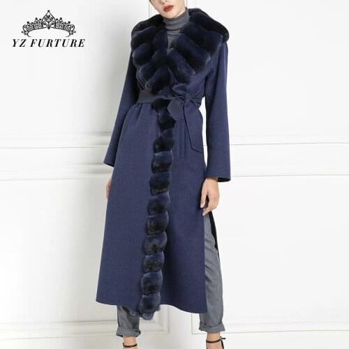 2021 New Spring Long Woolen Coat Rex Rabbit Fur Lapel Placket Women Cashmere Belt Regular Sleeves Elegant Autumn Fashion Cloak