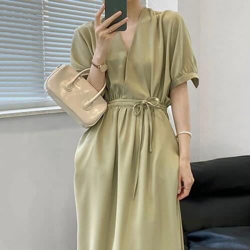 Korean Chic Summer Temperament Elegant Cross V-Neck Green Skin-Showing Bow Tie Waist Short-Sleeved Dress