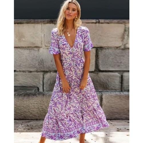 2020 Hippie Split Sexy Summer Floral Printed Maxi Dress V Neck Short Sleeve Vintage Vestido Beach Boho Casual Long Women Dresses