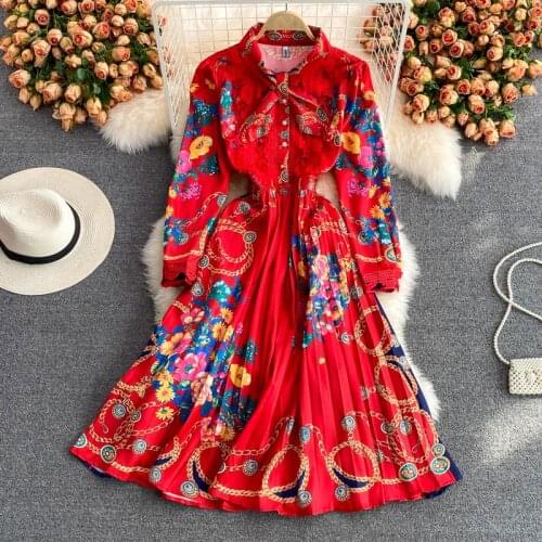 Amolapha 2021 Autumn Women Elegant Vintage Flare Printed Bow Slim Waist Big Swing Chiffon Evening Party Long Dress