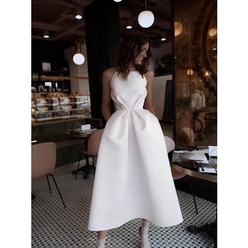 New Spaghetti Straps Homecoming Graduacion Dresses Scoop Pleat Hard Satin Ankle Length Prom Gown A-Line Evening Party Dress