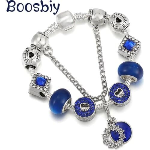 European Style Charm Bracelet With Blue Ball Beads Bracelet For Women DIY Silver Plated Fashion Heart Jewelry Gift Pulseras