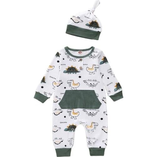 FOCUSNORM Newborn Baby Girls Boys Rompers Hats 2pcs Cartoon Dinosaur Printed Long Sleeve Pocket Jumpsuits 0-24M