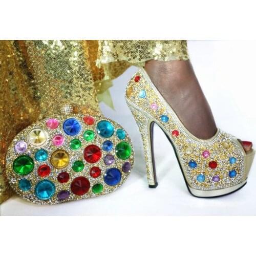 Hot sale gold women pumps with big crystal decoration african cover shoes match handbag set for dress G29,heel 14cm