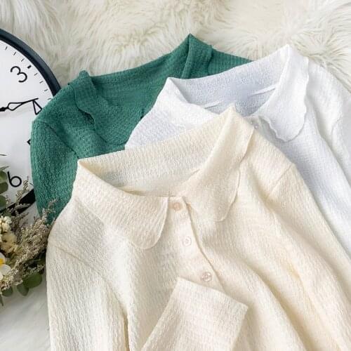 Lightweight Solid Thin Women Cardigan Summer New 2021 Turn-Down Collar Solid Long-Sleeved Short Sweet Style Female Outwear Tops