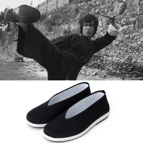 Man Black Chinese Traditional Cotton Flats Shoes for Man Bruce Lee Cosplay Kung Fu Uniform Wushu Tang Suit Taichi Performance