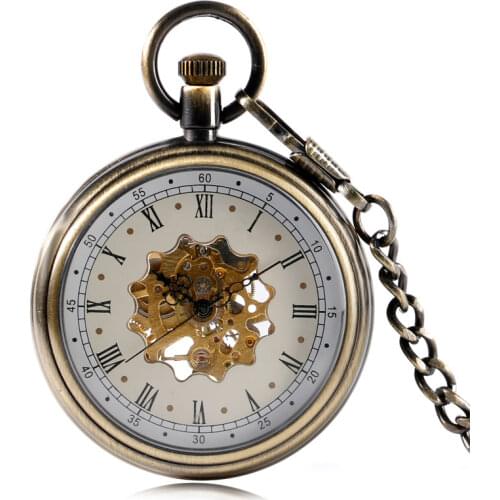 Open Face Romen Numbers Mechanical Pocket Watch Antique Style Hand Winding Bronze Elegant Skeleton Nurse Copper Men Present